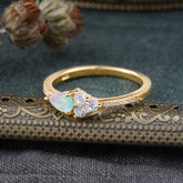 3 Prong Pear Shaped Opal Promise Wedding Band Ring with Three Round Stone